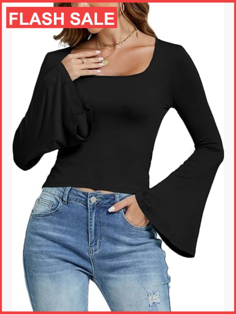 Women's Long Sleeve Bell Sleeve U Neck Blouse Slim Fit Tee